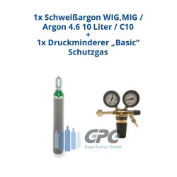 Argon 4.6 10 Liter Flasche Schweißargon WIG,MIG + Argon/CO2 Schutzgas Druckminderer "GCE BaseControl" Eingang: 200bar Ausgang: 0