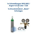 Argon 4.6 20 Liter Flasche Schweißargon WIG,MIG + Argon/CO2 Schutzgas Druckminderer "GCE BaseControl" Eingang: 200bar Ausgang: 0-24 l/m WIG,MIG,MAG,TIG
