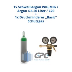 Argon 4.6 20 Liter Flasche Schweißargon WIG,MIG + Argon/CO2 Schutzgas Druckminderer "GCE BaseControl" Eingang: 200bar Ausgang: 0