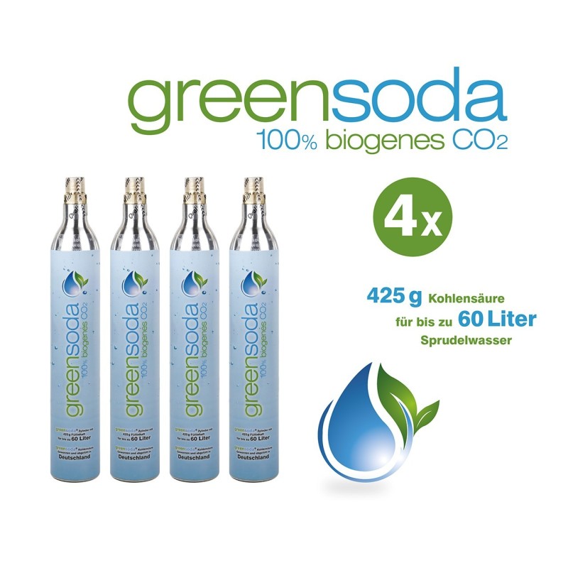 greensoda | Standard-Zylinder für Getränkesprudler, 425 g biogene Kohlensäure für bis zu 60 Liter Sprudelwasser | 4er-Pack
