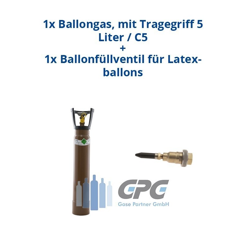 Kombipaket: Gasflasche, Ballongas, mit Tragegriff und Standfuß 3 Liter / C3 + Ballonfüllventil für Latexballons