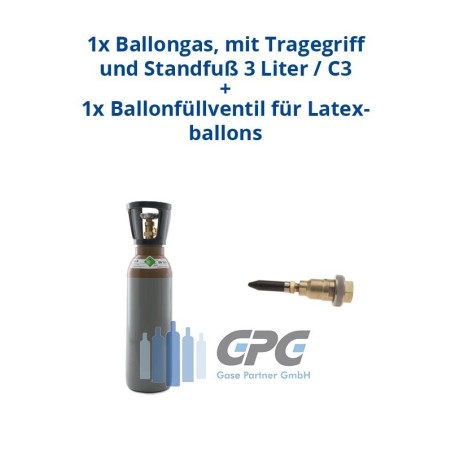 Kombipaket: Gasflasche, Ballongas, mit Tragegriff 5 Liter / C5 + Ballonfüllventil für Latexballons
