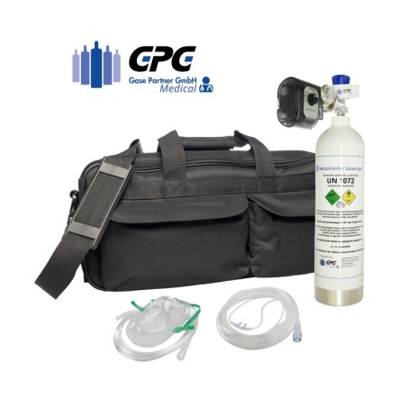 Mobile Notfall-Tasche: 1,8 l medizinischer Sauerstoff, O2 Sparsystem (elektronisch), Tragetasche, Masken