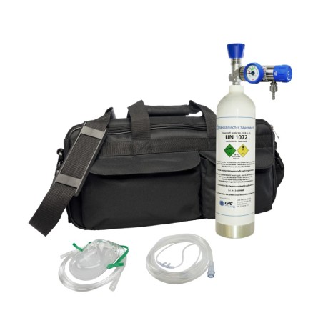 Mobile Notfall-Tasche: 1,8 l medizinischer Sauerstoff, Druckminderer, Tragetasche, Masken