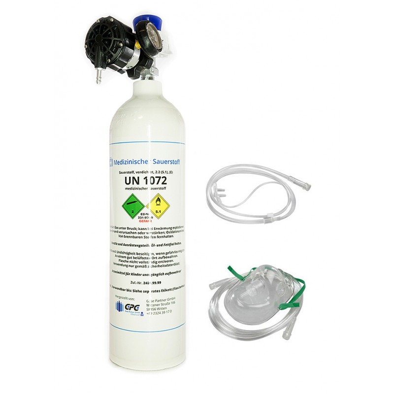 Mobiles Sauerstoffsystem (2 L med. O2), Druckminderer, Masken