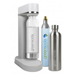 Trinkwassersprudler aus Holz-Biokomposit (nachhaltig und plastikfrei), Farbe: weiß + CO2-Zylinder + Edelstahlflasche