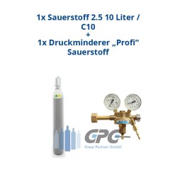 Kombipaket: Gasflasche, Sauerstoff 2.5 10 Liter / C10 + Druckminderer "Profi" Sauerstoff