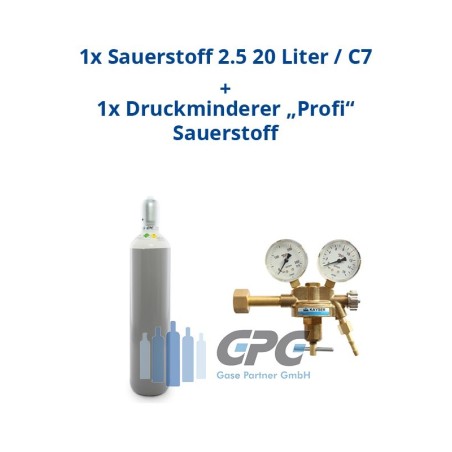 Sauerstoff 2.5 20 Liter Flasche + Sauerstoff Druckminderer "KAYSER" Profi Eingang: 200bar Ausgang: 0-10 bar