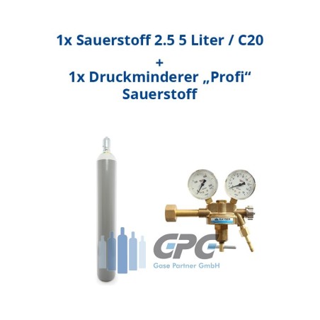 Sauerstoff 2.5 50 Liter Flasche + Sauerstoff Druckminderer "KAYSER" Profi Eingang: 200bar Ausgang: 0-10 bar