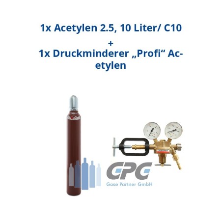 Acetylen 2.0 10 Liter Flasche + Acetylen Druckminderer "KAYSER" Profi Ausgang: 0-1,5 bar