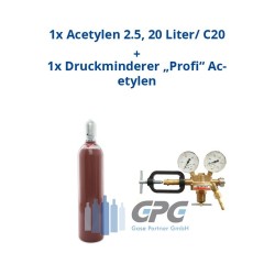 Acetylen 2.6 20 Liter Flasche + Acetylen Druckminderer "KAYSER" Profi Ausgang: 0-1,5 bar