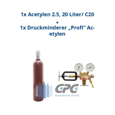 Acetylen 2.0 20 Liter Flasche + Acetylen Druckminderer "KAYSER" Profi Ausgang: 0-1,5 bar