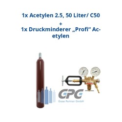 Acetylen 2.0 50 Liter Flasche + Acetylen Druckminderer "KAYSER" Profi Ausgang: 0-1,5 bar
