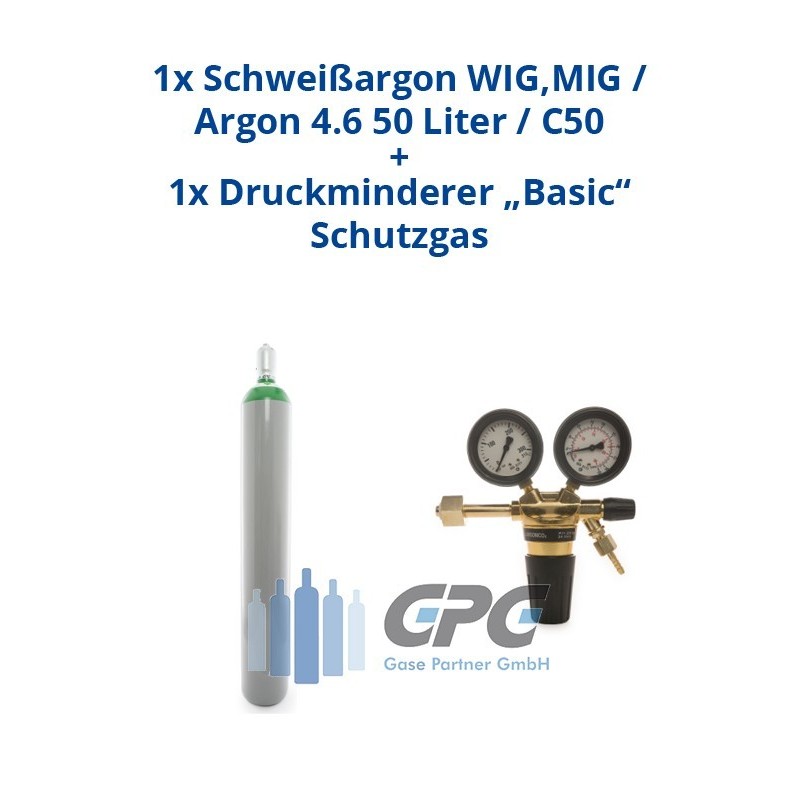 Kombipaket: Gasflasche, Schweißargon WIG,MIG / Argon 4.6  50 Liter / C50 + Druckminderer "Basic" Schutzgas