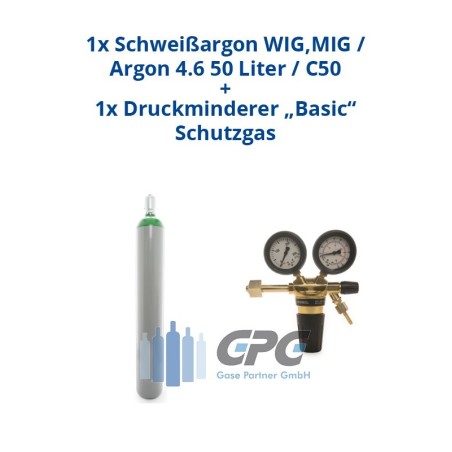 Argon 4.6 50 Liter Flasche Schweißargon WIG,MIG + Argon/CO2 Schutzgas Druckminderer "GCE BaseControl" Eingang: 200bar Ausgang: 0-24 l/m WIG,MIG,MAG,TIG
