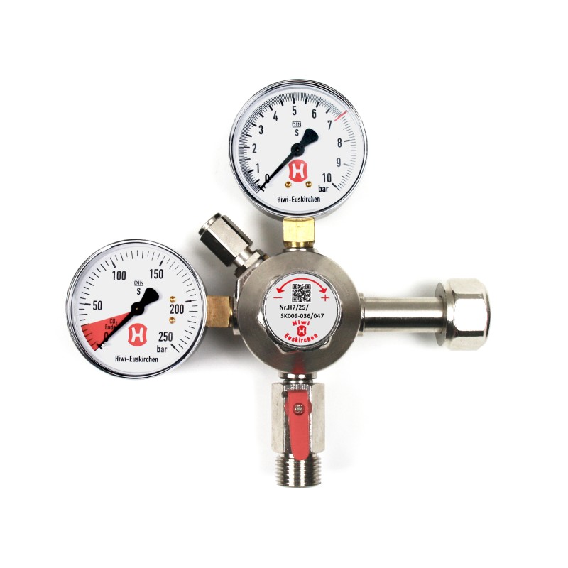Hiwi Premium-Druckregler für Getränke- und Bier-Zapfanlagen, 7 bar, 1-leitig, 2 Manometer, für CO2-Mehrwegflasche Hiwi Premium-Druckregler für Getränke- und Bier-Zapfanlagen, 7 bar, 1-leitig, 2 Manometer, für CO2-Mehrwegflasche