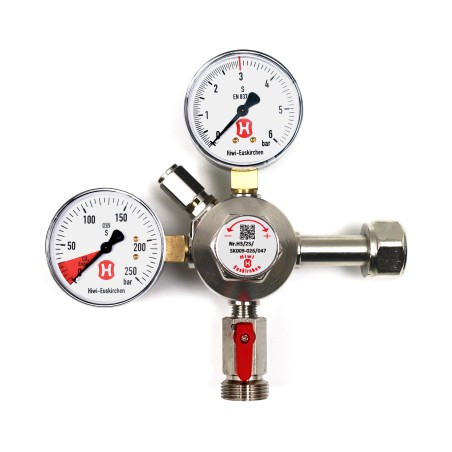 Hiwi-Premium-Druckregler für Bier-Zapfanlagen, 3 bar, 1-leitig, 2 Manometer, für CO2-Mehrwegflasche