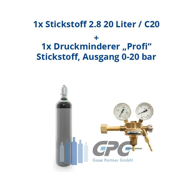 Kombipaket: Gasflasche, Stickstoff 2.8 20 Liter / C20 + Druckminderer "Profi" Stickstoff, Ausgang 0-20bar