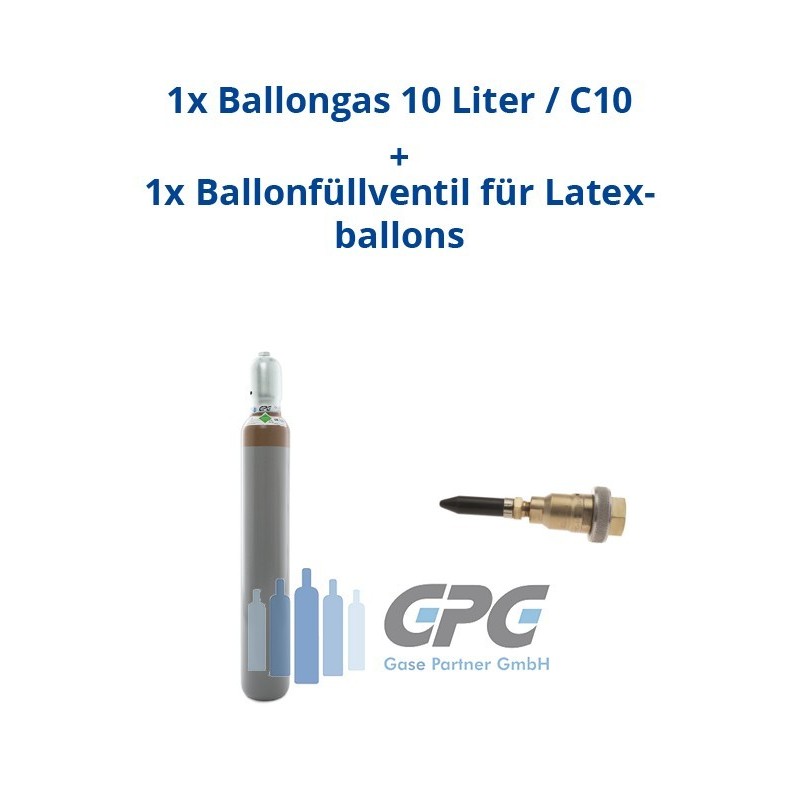 Kombipaket: Gasflasche, Ballongas 10 Liter / C10 + Ballonfüllventil für Latexballons