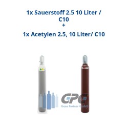 Kombipaket: Gasflasche, Sauerstoff 2.5 10 Liter / C10 + Gasflasche, Acetylen 2.5, 10 Liter/ C10