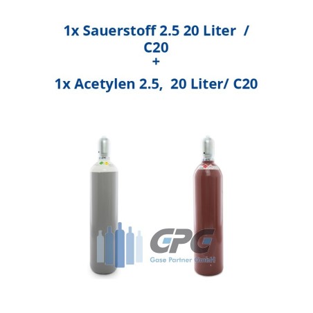 Sauerstoff 2.5 20 Liter Flasche + Acetylen 2.6 20 Liter Flasche