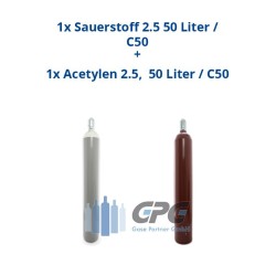 Kombipaket: Gasflasche, Sauerstoff 2.5 50 Liter / C50 + Gasflasche, Acetylen 2.5,  50 Liter / C50