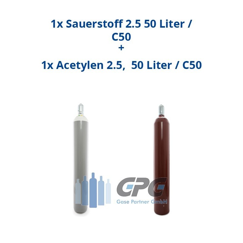 Kombipaket: Gasflasche, Sauerstoff 2.5 50 Liter / C50 + Gasflasche, Acetylen 2.5,  50 Liter / C50