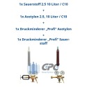 Sauerstoff 2.5 10 Liter + Acetylen 2.0 10 Liter + Acetylen Druckminderer "KAYSER" Profi Ausgang: 0-1,5 bar + Sauerstoff Druckmin