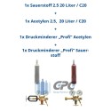 Sauerstoff 2.5 20 Liter + Acetylen 2.0 20 Liter + Acetylen Druckminderer "KAYSER" Profi Ausgang: 0-1,5 bar + Sauerstoff Druckmin