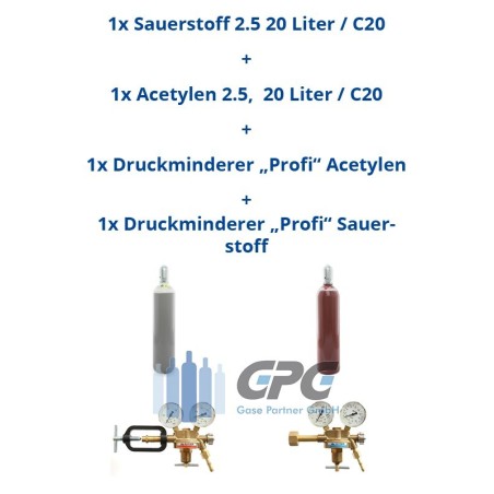Kombipaket: Gasflasche, Sauerstoff 2.5 20 Liter  / C20 + Gasflasche, Acetylen 2.5,  20 Liter/ C20 + Druckminderer "Profi" Acetyl