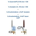 Sauerstoff 2.5 50 Liter + Acetylen 2.6 50 Liter + Acetylen Druckminderer "KAYSER" Profi Ausgang: 0-1,5 bar + Sauerstoff Druckmin