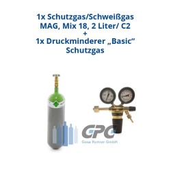 Kombipaket: Gasflasche, Schutzgas/Schweißgas MAG, Mix 18/ 18%Co2, 82%Argon, 2 Liter/ C2 + Druckminderer "Basic" Schutzgas