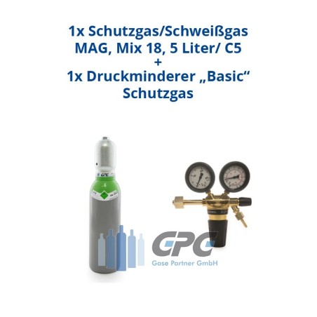 Schutzgas Mix 18%Co2 82%Argon 5 Liter Flasche + Argon/CO2 Schutzgas Druckminderer "GCE BaseControl" Eingang: 200bar Ausgang: 0-24 l/m WIG,MIG,MAG,TIG