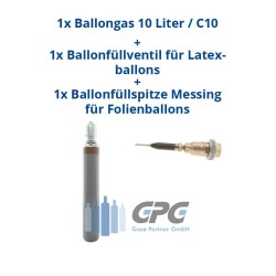 Kombipaket: Gasflasche, Ballongas 10 Liter / C10 + Ballonfüllventil für Latexballons + Adapterspitze / Ballonfüllspitze Messing 