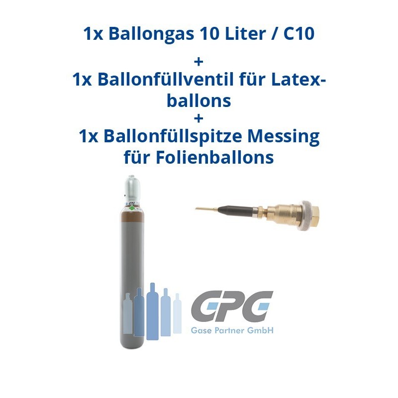 Kombipaket: Gasflasche, Ballongas 10 Liter / C10 + Ballonfüllventil für Latexballons + Adapterspitze / Ballonfüllspitze Messing 