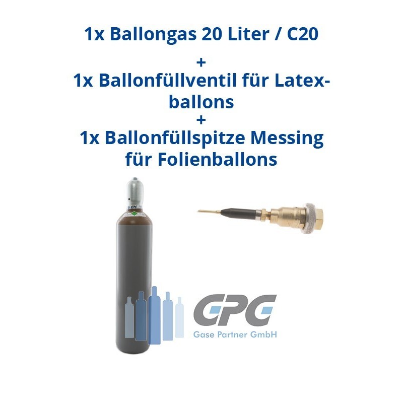 Kombipaket: Gasflasche, Ballongas 20 Liter / C20 + Ballonfüllventil für Latexballons + Adapterspitze / Ballonfüllspitze Messing 