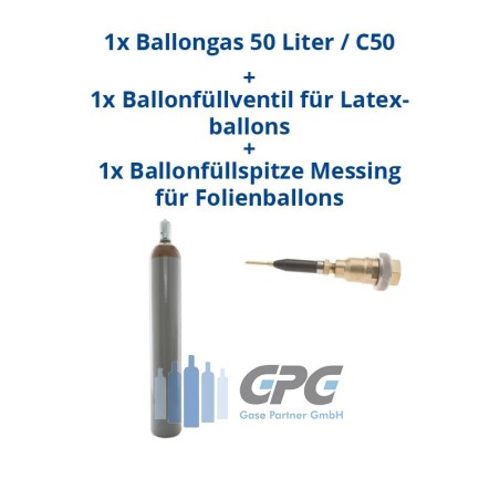 Ballongas 50 Liter Flasche + Ballonfüllventil + Ballonfüllspitze