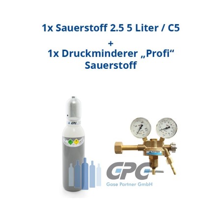 Sauerstoff 2.5 5 Liter Flasche + Sauerstoff Druckminderer "KAYSER" Profi Eingang: 200bar Ausgang: 0-10 bar